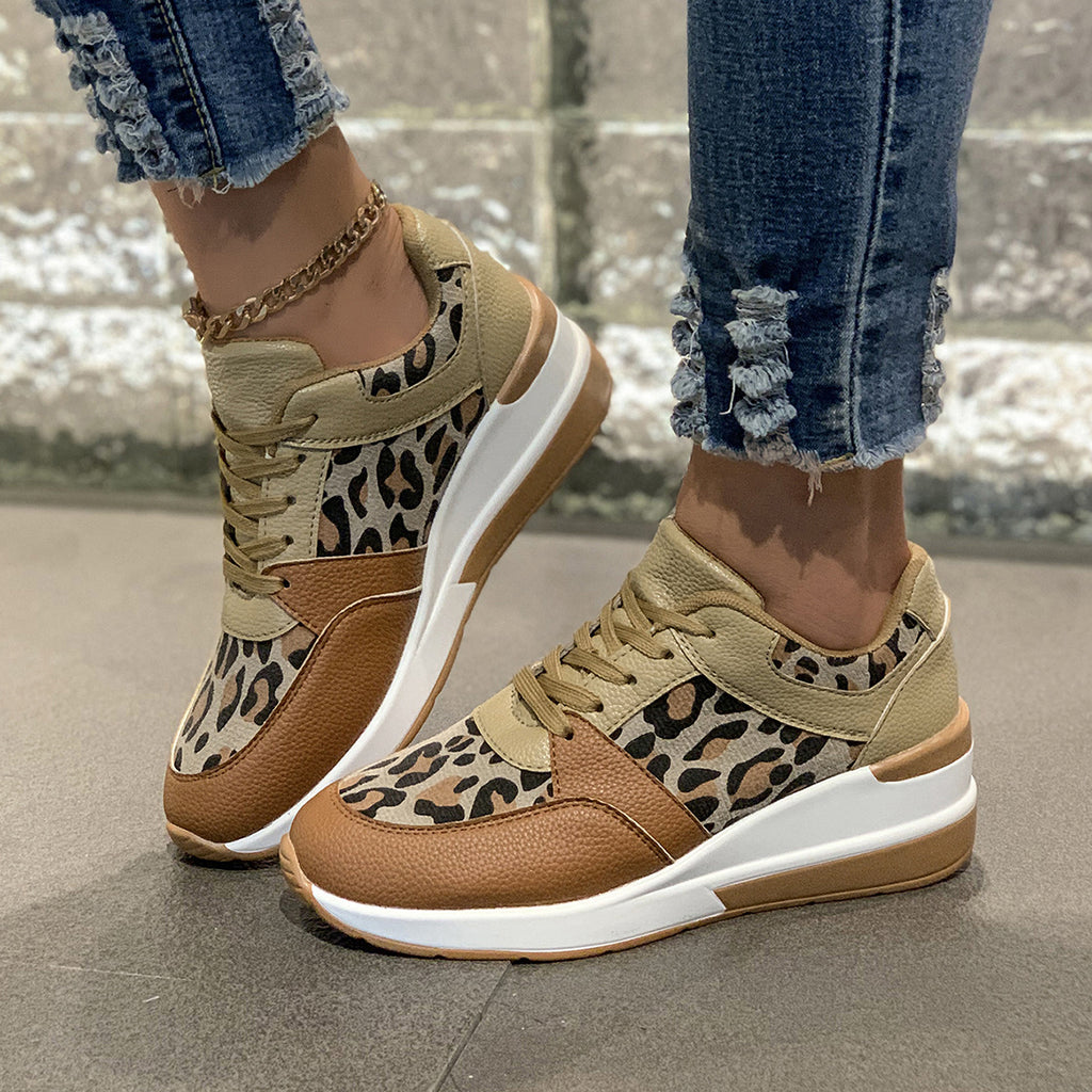 Sarah Express Leopard Print Lace Up Wedge Sneakers