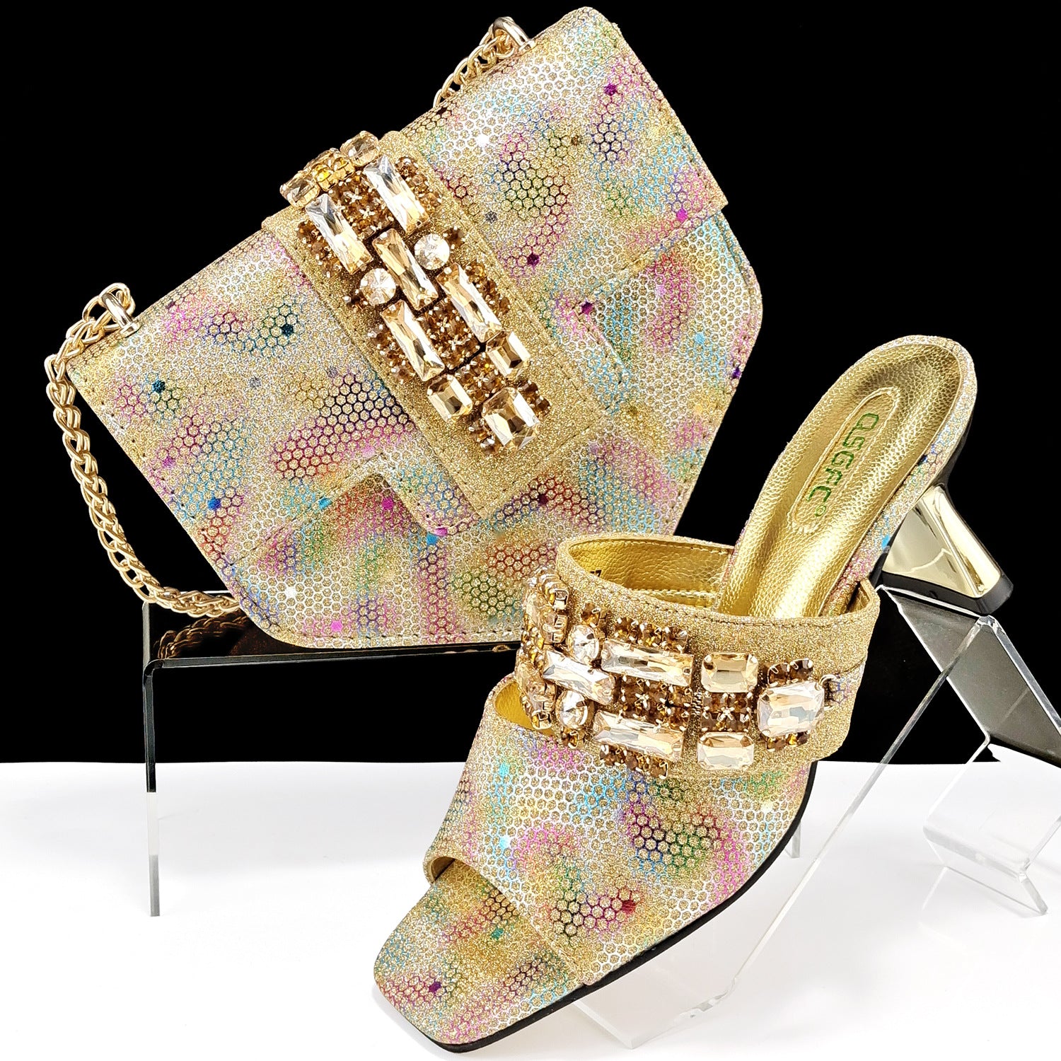 Sarah Express Camouflage Pattern Embellished Mule And Bag Set Gold