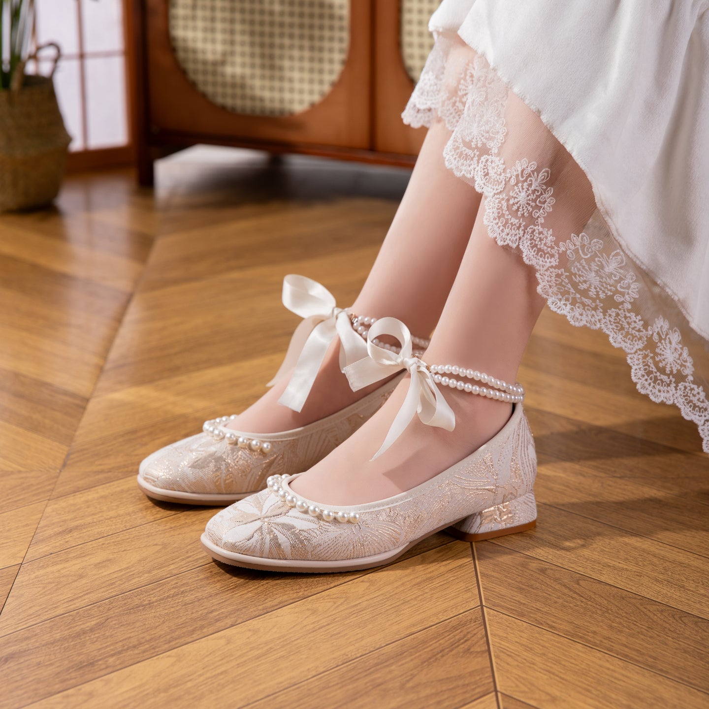 Sarah Express Jacquard Mary Jane Low Heel Shoes