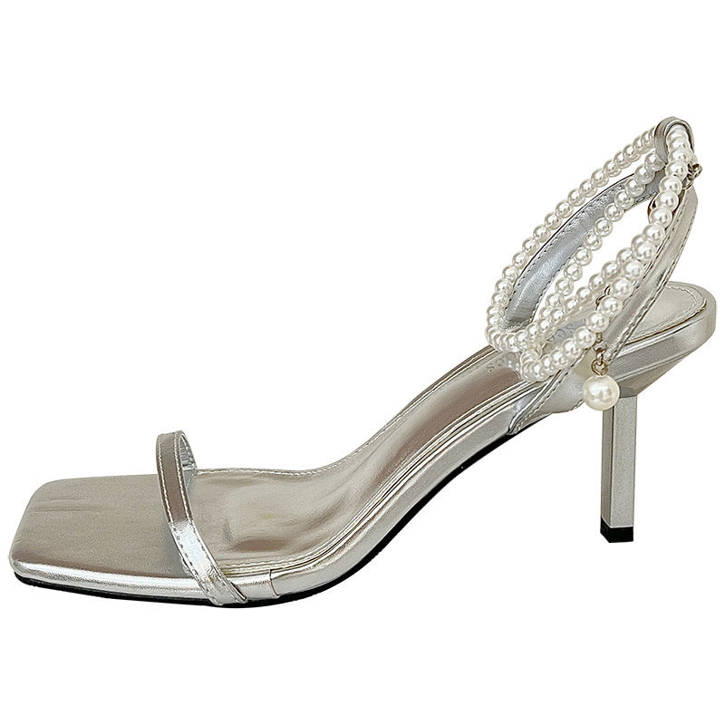 Sarah Express Pearl Ankle Strap Square Toe Heels