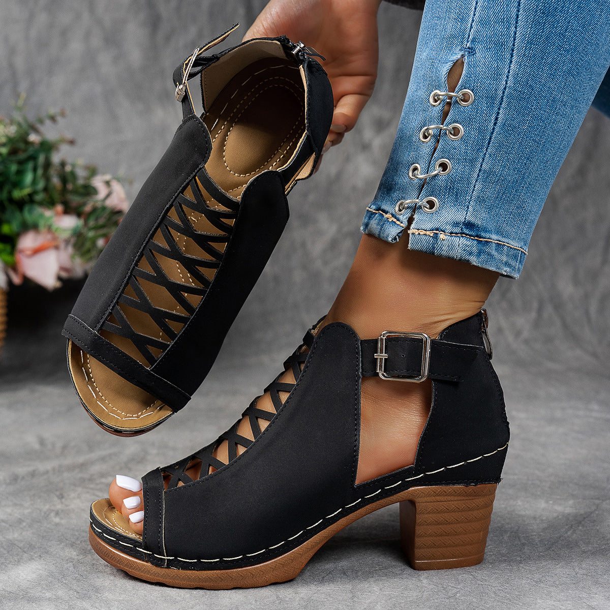 Sarah Express Women's Chunky Block Heel Open Toe Sandals