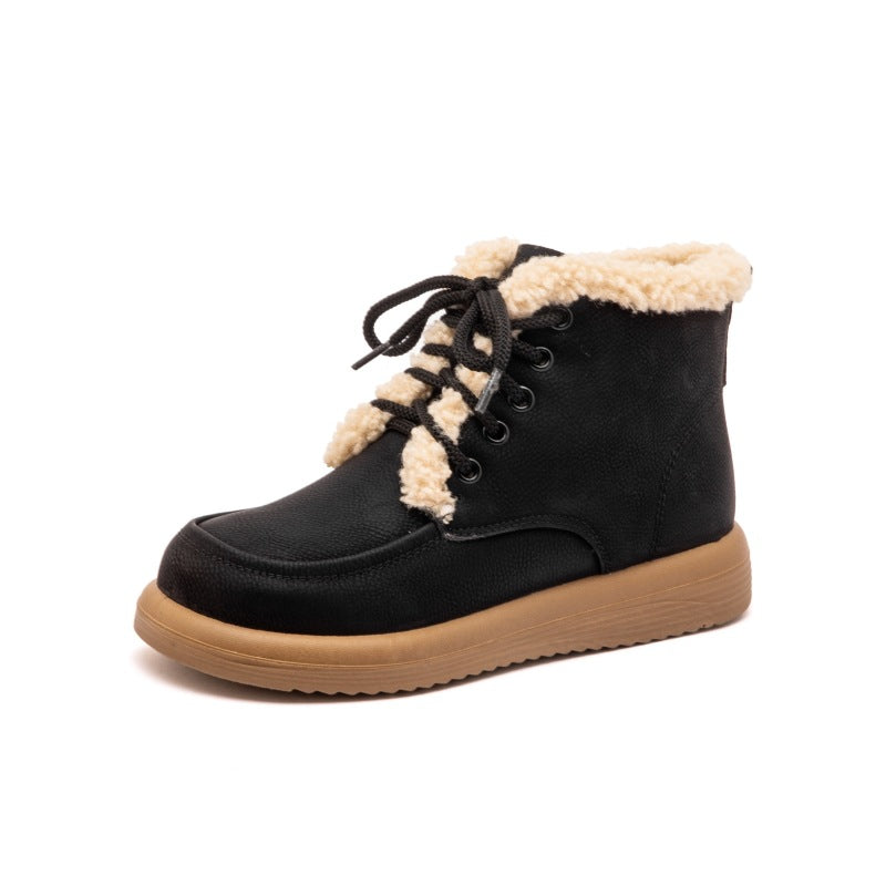 Sarah Express Plush Lace-Up Winter Ankle Boots Black