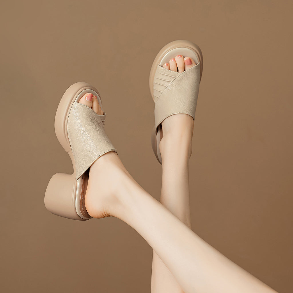 Sarah Express Ruched Lambskin Leather Block Heel Slides
