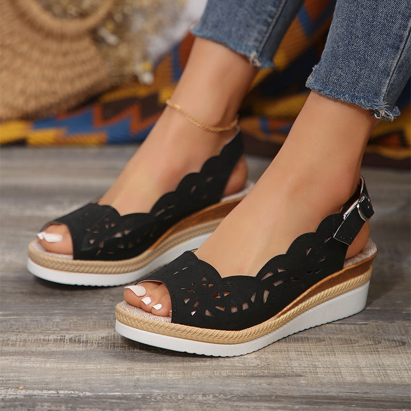 Sarah Express Cutout Wedge Sandals with Buckle Strap