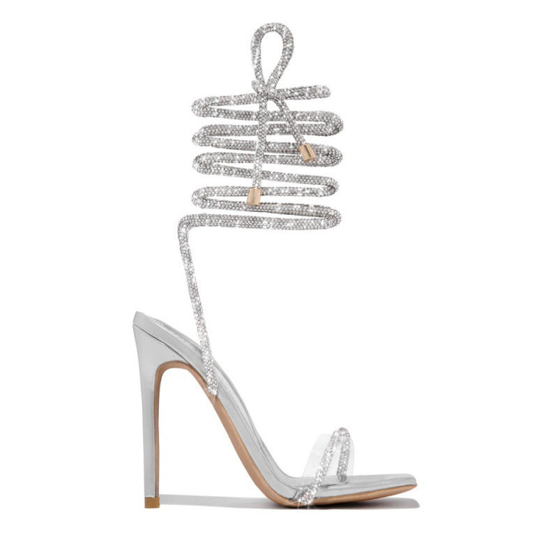 Sarah Express Strappy Square Toe Stiletto Sandals Silver