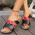 Sarah Express Color Block Buckle Flat Slide Sandals Black