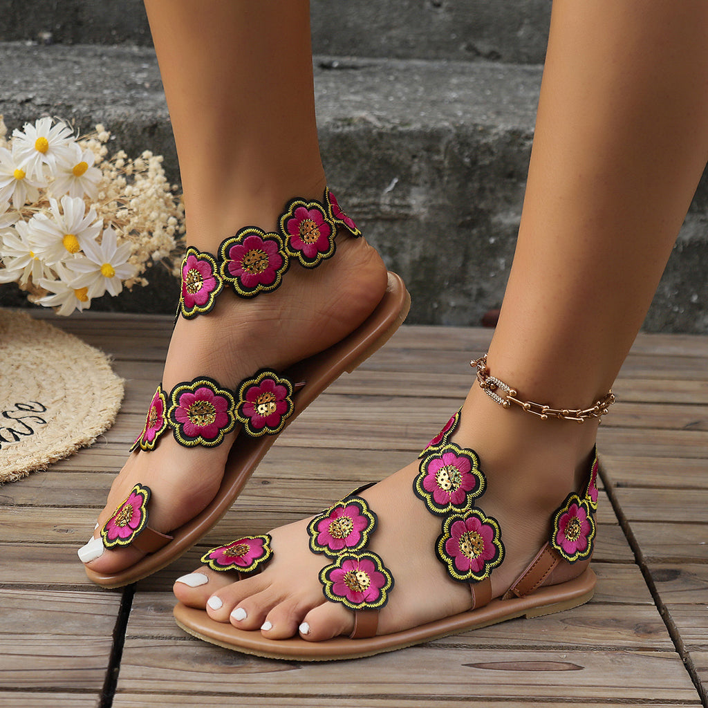 Sarah Express Ethnic Floral Clip-Toe Flat Sandals