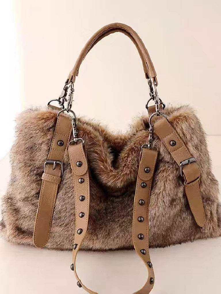 Sarah Express Plush Color-Block Commuter Tote Bag Brown