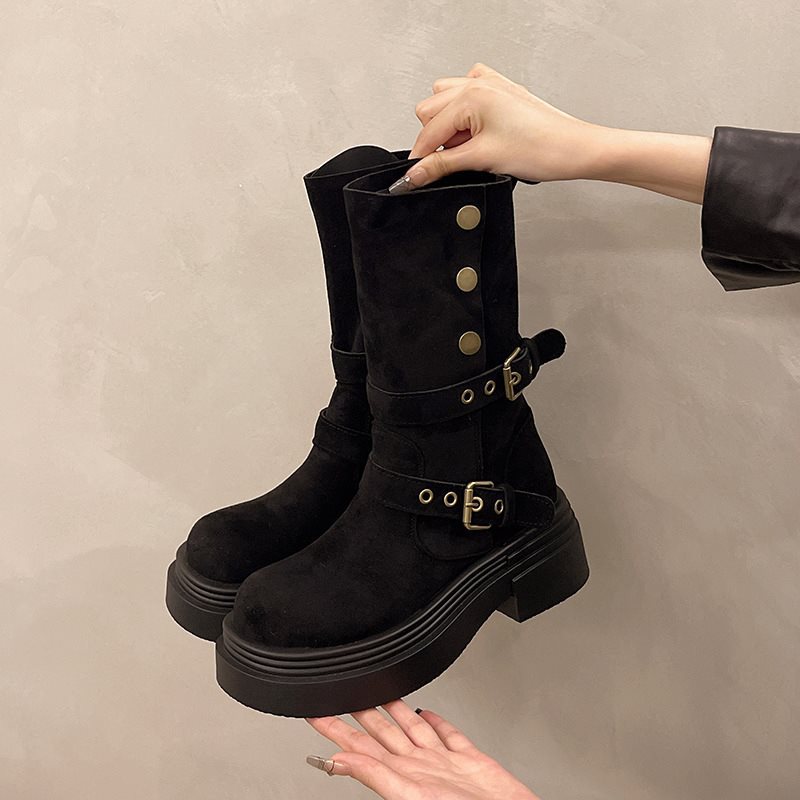 Sarah Express Matte Suede Mid-Calf Block Heel Boots Black