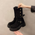 Sarah Express Matte Suede Mid-Calf Block Heel Boots Black