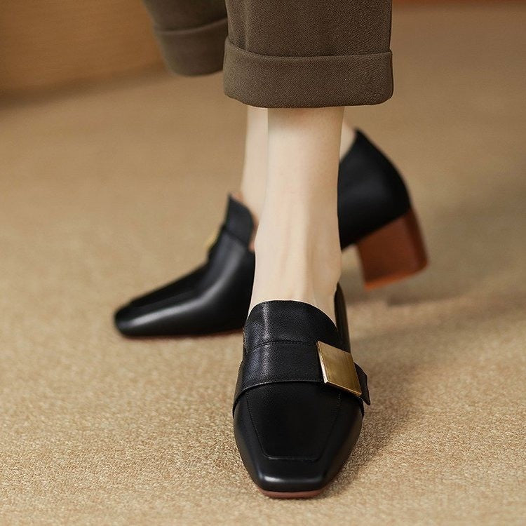 Sarah Express Retro Square Toe Chunky Heel Pumps Black