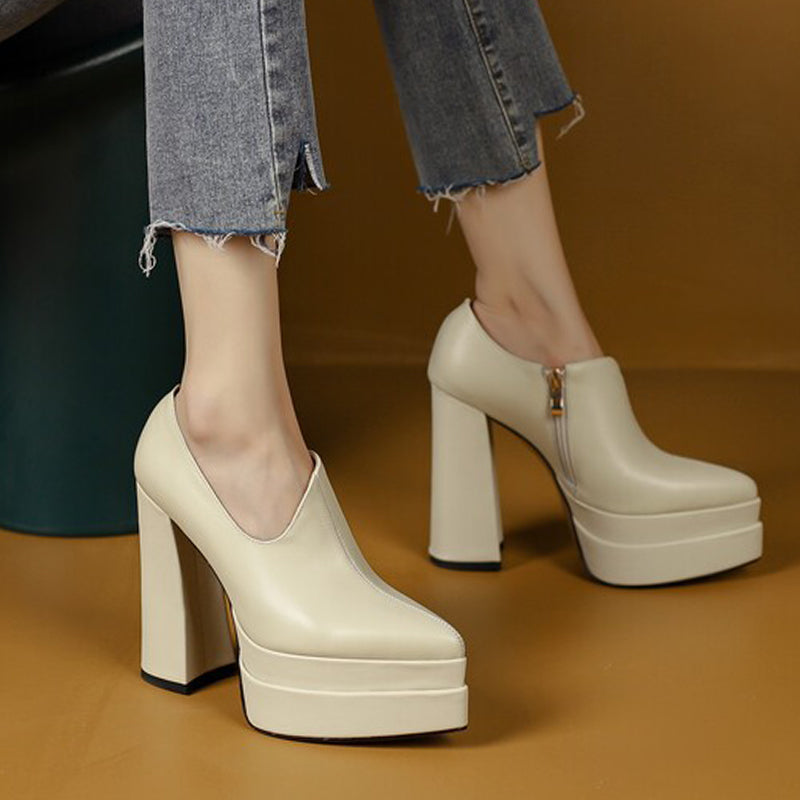 Sarah Express Pointed Toe Thick Heel Platform Pumps White