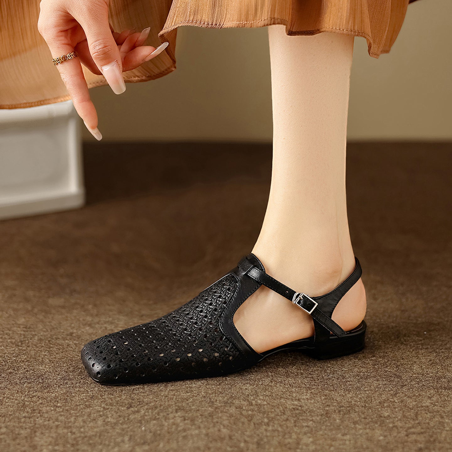 Sarah Express Perforated Leather Slingback Flat Sandals