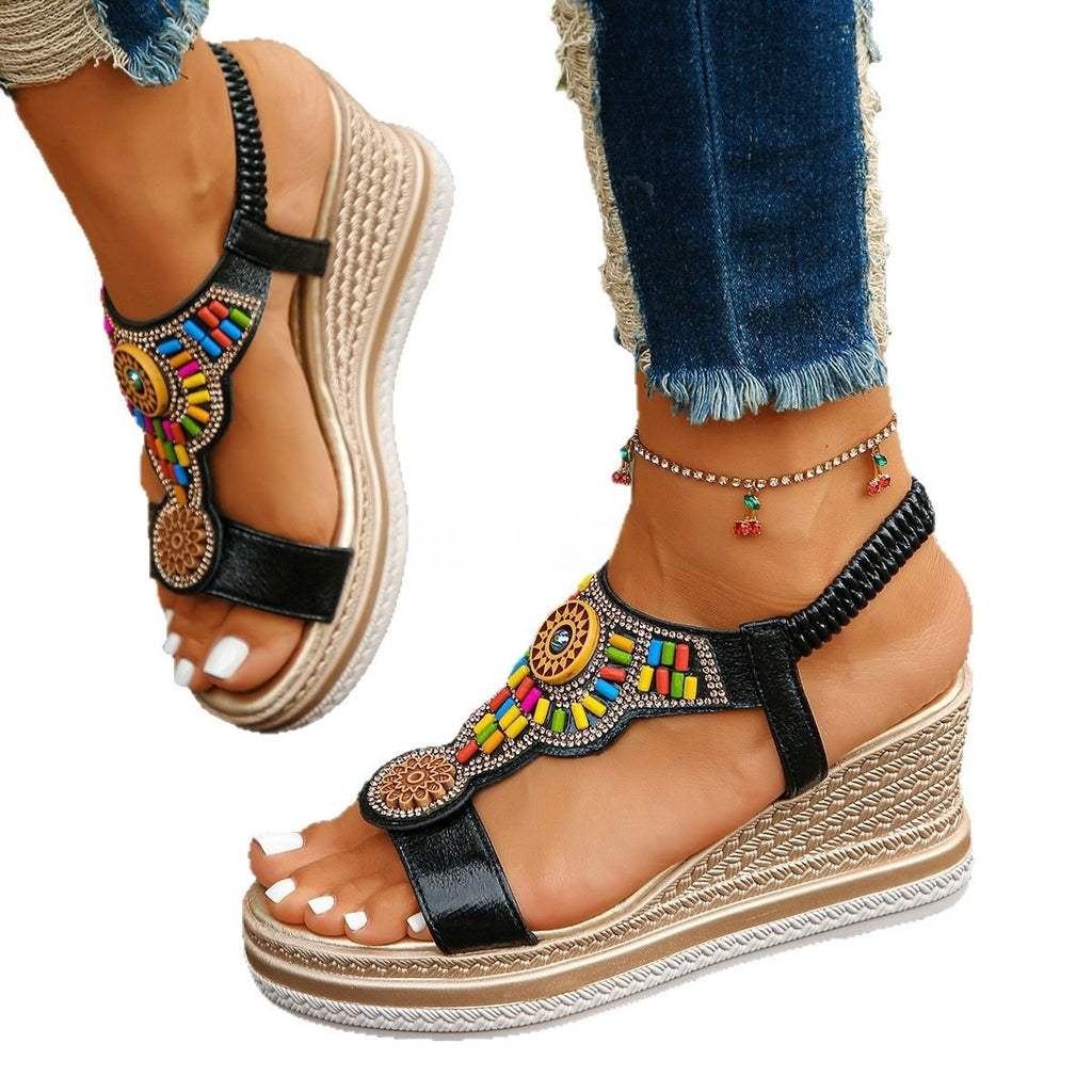 Sarah Express Beaded Wedge Sandals with Elastic Strap