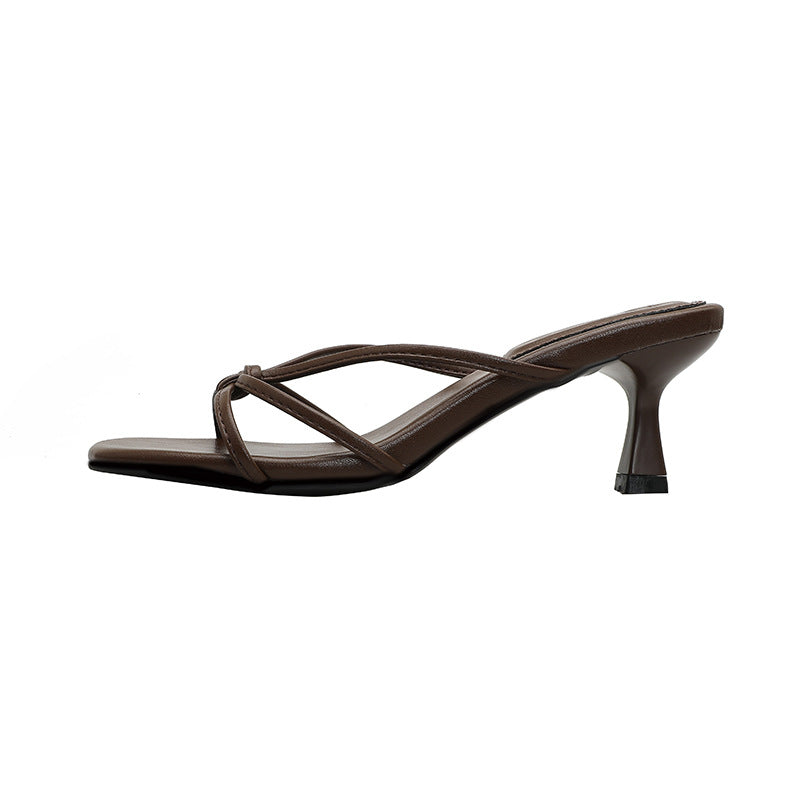 Sarah Express Minimalist Square Toe Stiletto Heel Sandals Dark Brown