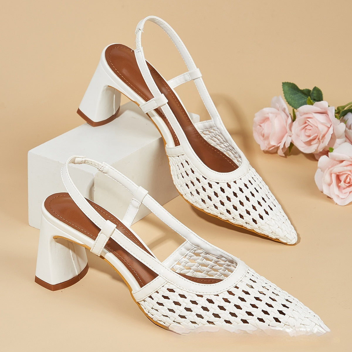 Sarah Express White Woven Mesh Pointed-Toe Slingback Sandals