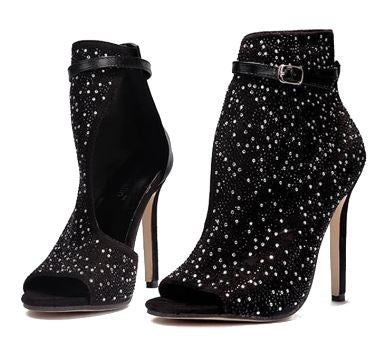 Sarah Express Rhinestone Suede Open-Toe High Heels