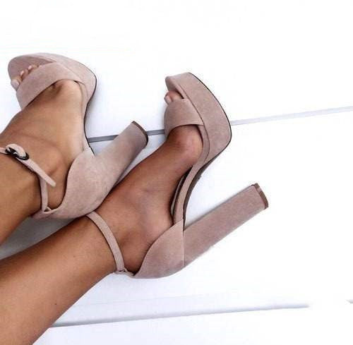 Sarah Express Women's Chunky Platform Ankle Strap Heels Beige
