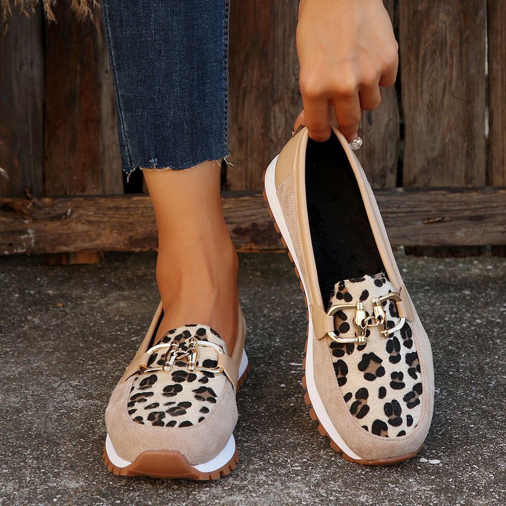 Sarah Express Women's Leopard Print Metal Buckle Flats