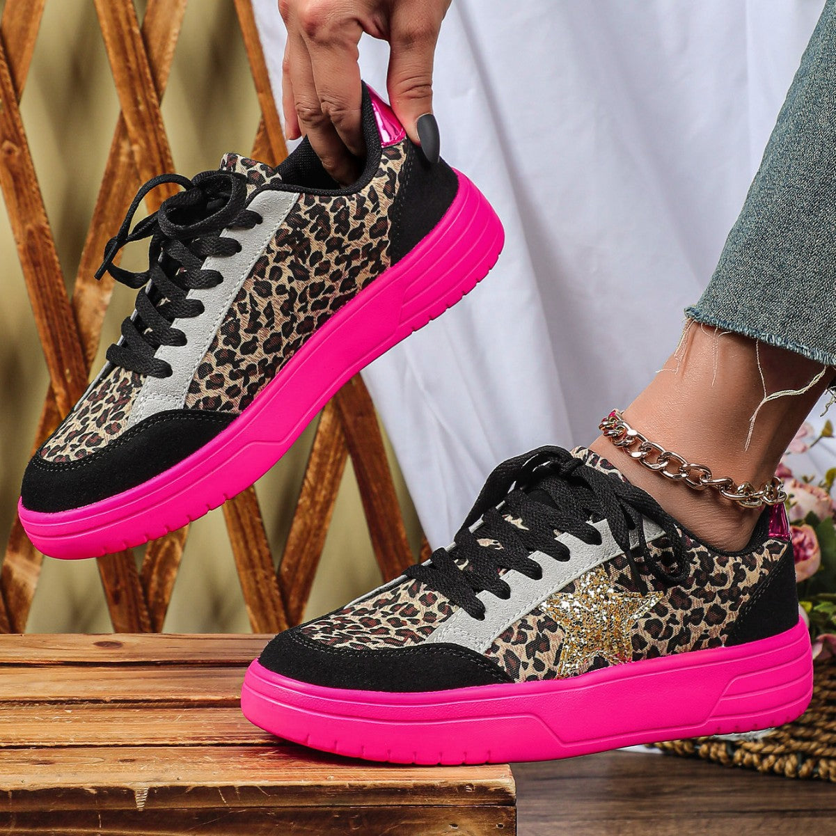 Sarah Express Leopard Print Retro Skate Sneakers