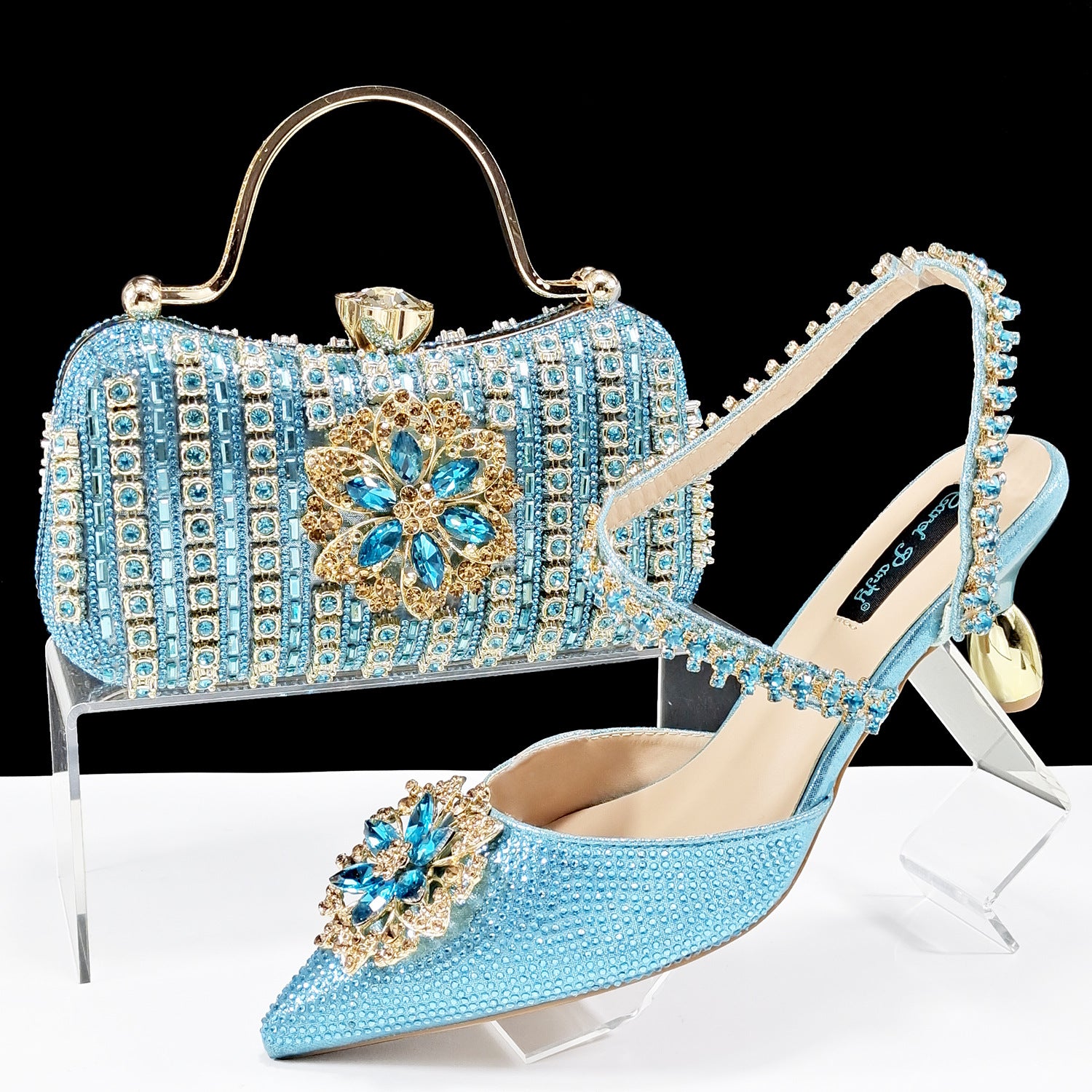 Sarah Express Rhinestone Embellished Clutch and Heel Set Sky Blue