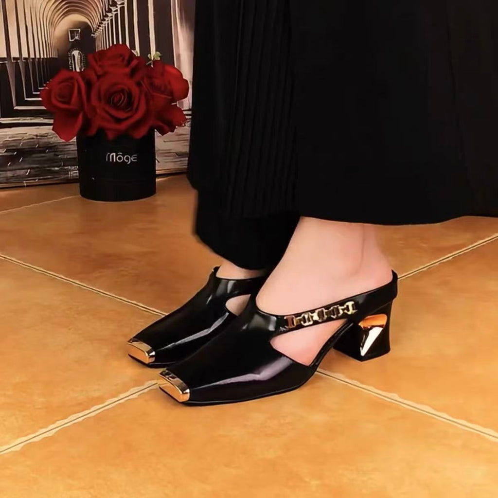 Sarah Express Square-Toe Metal-Cap Platform Half-Slipper Heels