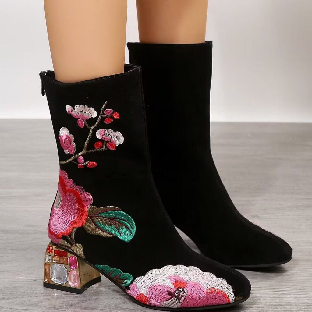 Sarah Express Vintage Floral Embroidered Mid-Calf Boots