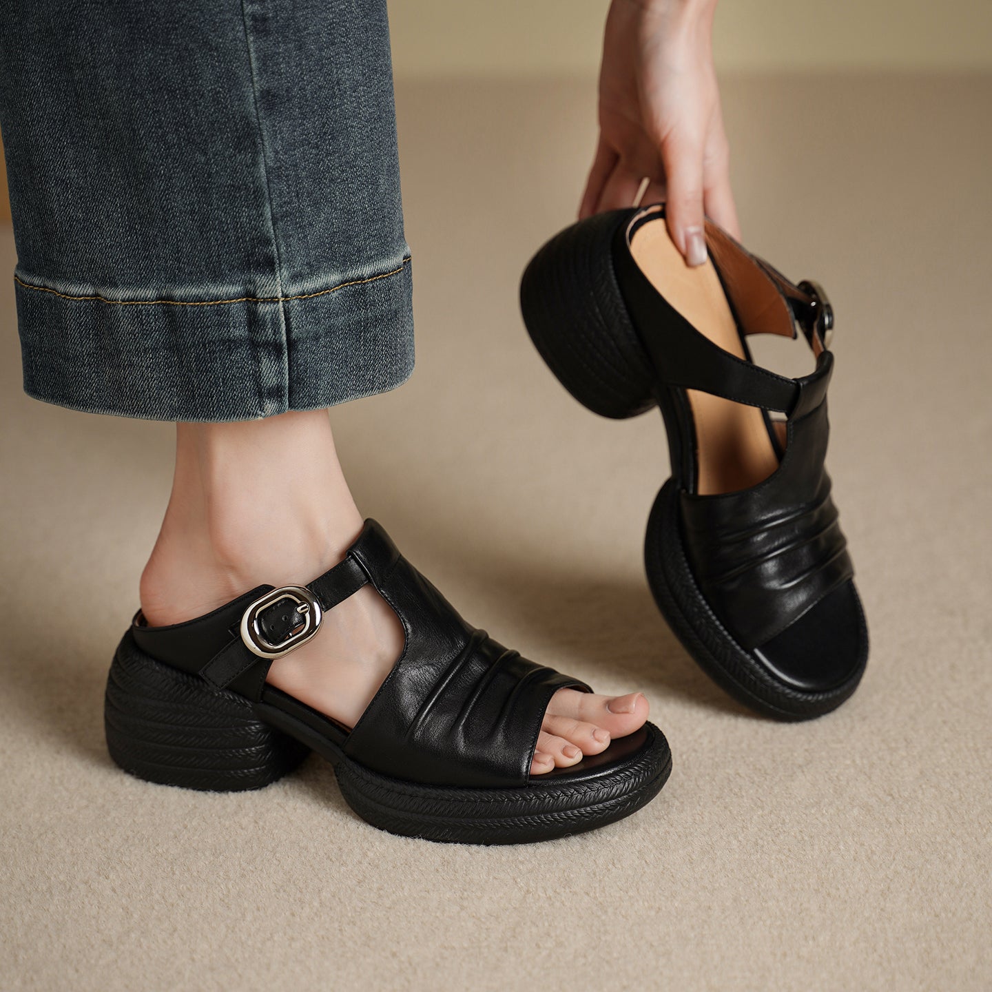 Sarah Express Ruched T-Strap Platform Mule Sandals