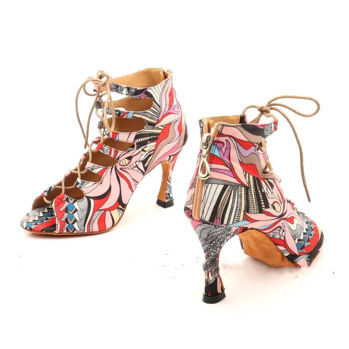 Sarah Express Abstract Print Lace-Up Latin Dance Heels Red