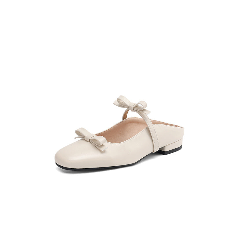 Sarah Express Bow-tied Square-toe Flat Mules Beige