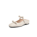 Sarah Express Bow-tied Square-toe Flat Mules Beige