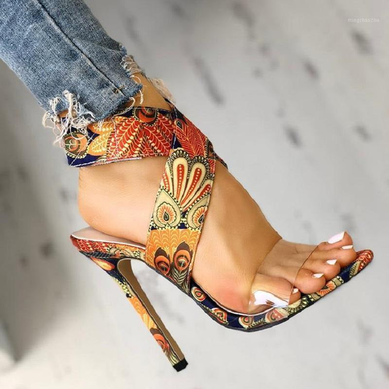 Sarah Express Printed Stiletto Heel Sandals Round Toe