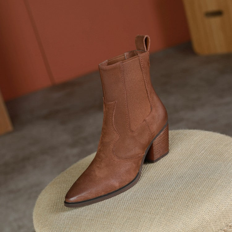 Sarah Express Women's Retro Pointed-Toe Chunky Ankle Boots Brown Single Liner