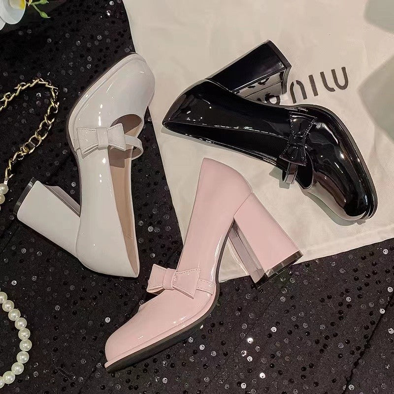 High Heels Women's 2025 New Springsummer Shallow Mouth Thick Heel High-end Sense Versatile Retro Mary Jane Bow Women's Shoes – front product view