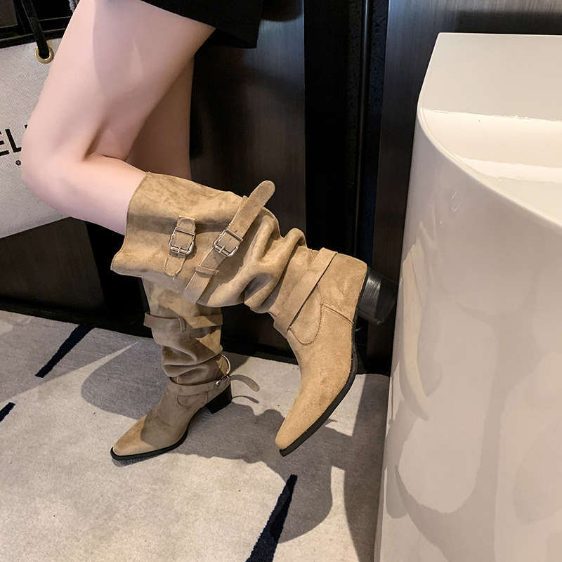 Sarah Express Suede Pointed Toe Chunky Heel Boots