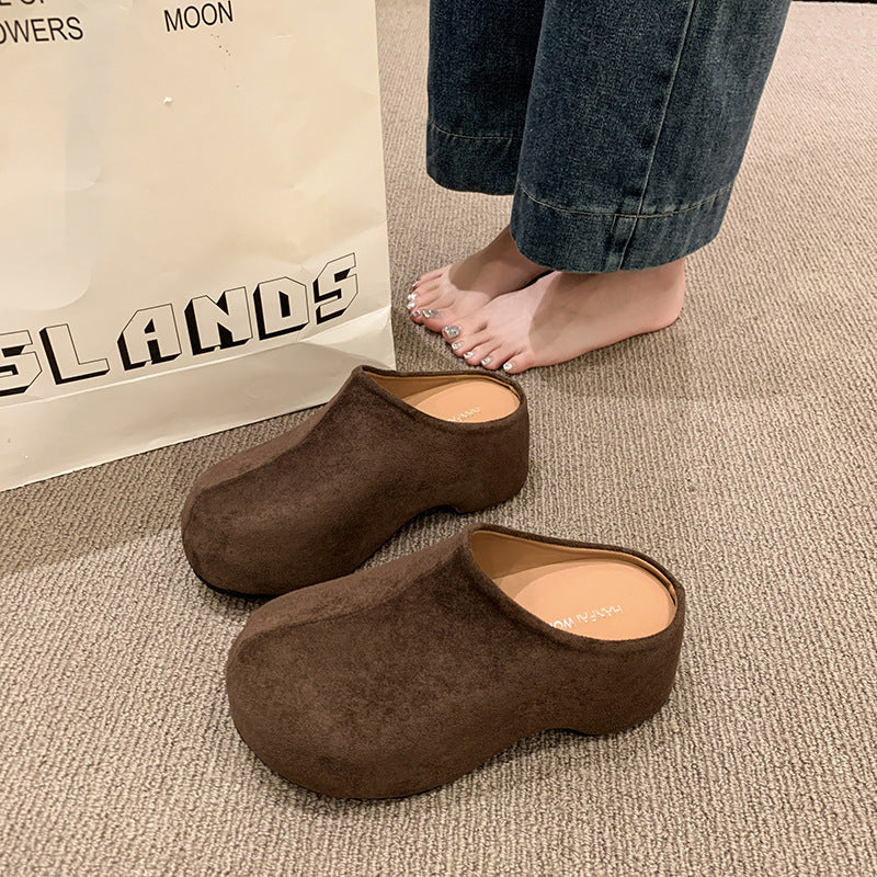 Sarah Express Women's Suede Platform Slip-On Slippers Brown