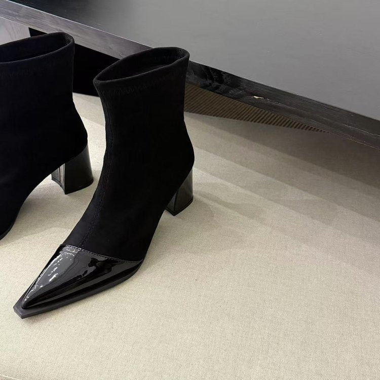 Sarah Express Chunky Heel Pointed Toe Ankle Boots Black