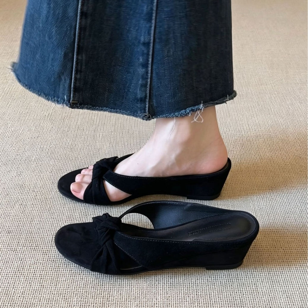 Sarah Express Retro Suede Sheepskin Slip-On Wedge Sandals