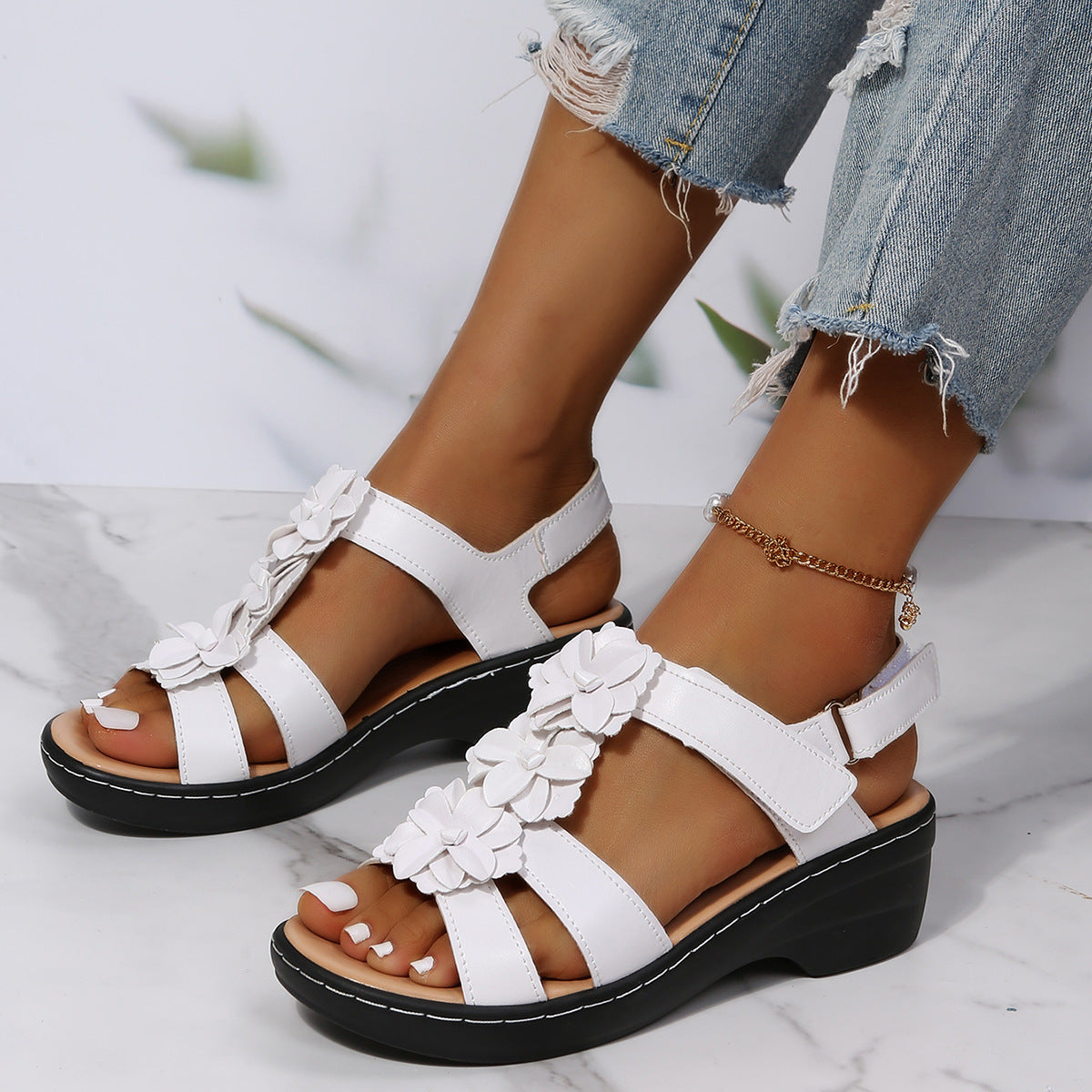 Sarah Express Floral Wedge Sandals with Adjustable Strap