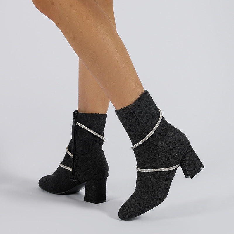 Sarah Express Chunky Mid Heel Rhinestone Chain Boots