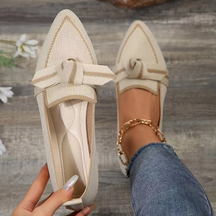 Sarah Express Pointed Toe Knit Bow Flat Shoes Milky White