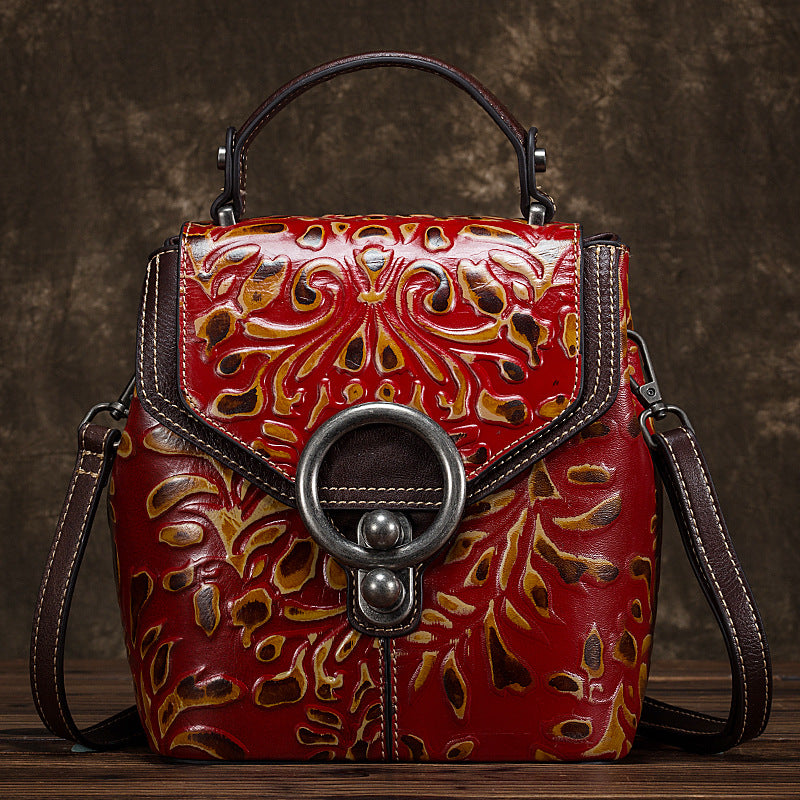 Sarah Express Embossed Leather Multi-Function Backpack Handbag Red