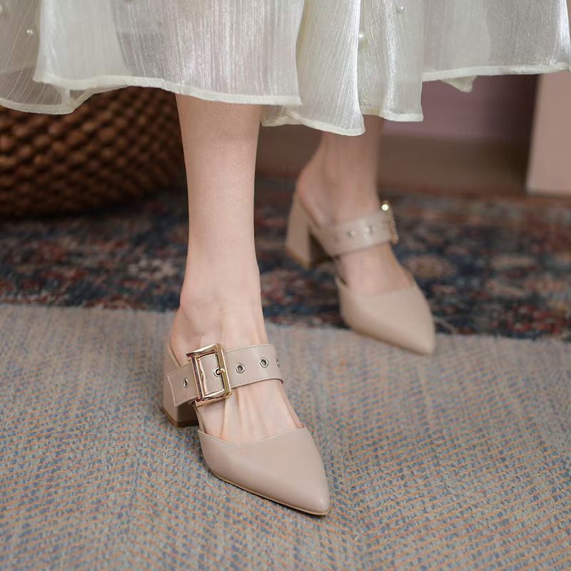 Sarah Express Pointed Toe Chunky Heel Slip-On Slippers