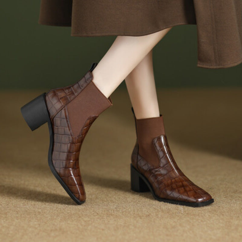 Sarah Express Square Toe Cowhide Leather Chunky Pumps