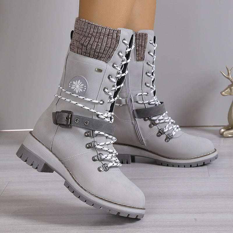 Sarah Express Women's Lace-Up Mid-Calf Winter Boots Light Gray