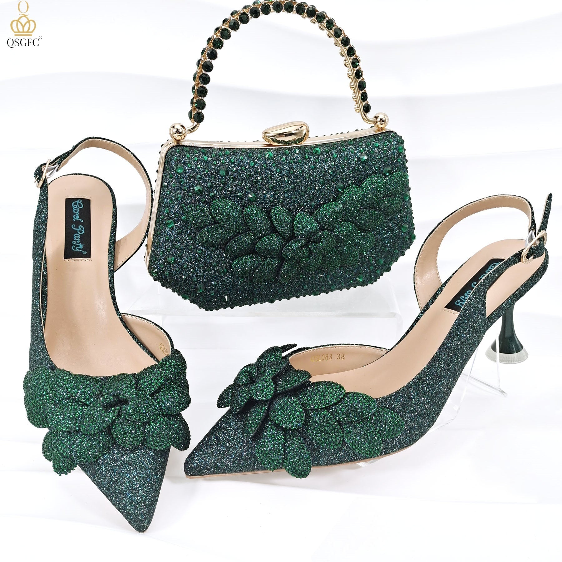 Sarah Express Rhinestone Floral Party Heels and Bag Set Dark Green