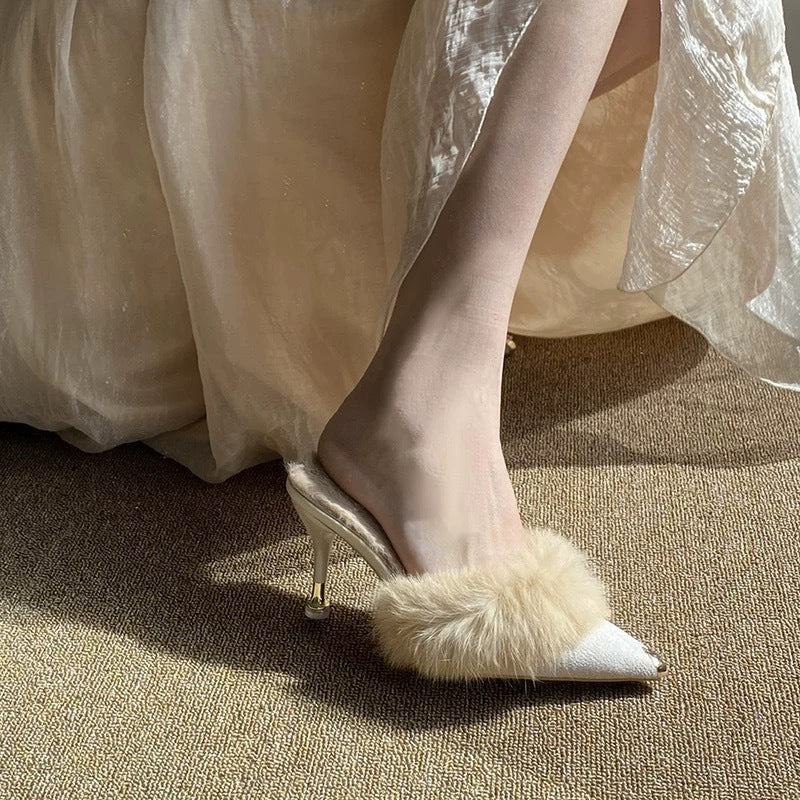 Sarah Express Furry Pointed Toe High Heel Mules