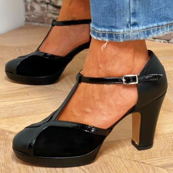 Sarah Express Round Toe Chunky Heel Pumps