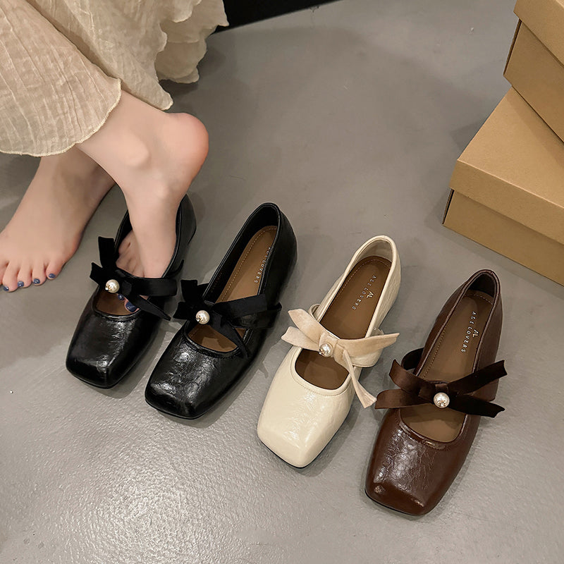 Korean Version Of Pearl Bow Single Shoes Women's Shoes 2026 Spring New Item With Increased Height Ballet Shoes French Mary Jane Shoes – front product view
