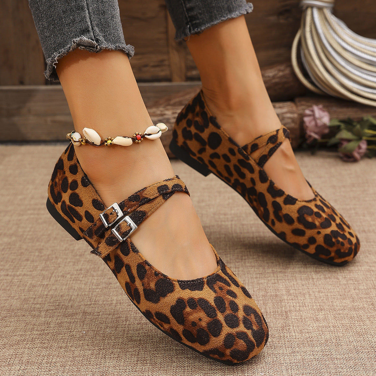 Sarah Express Women's Leopard Print Buckle Flats